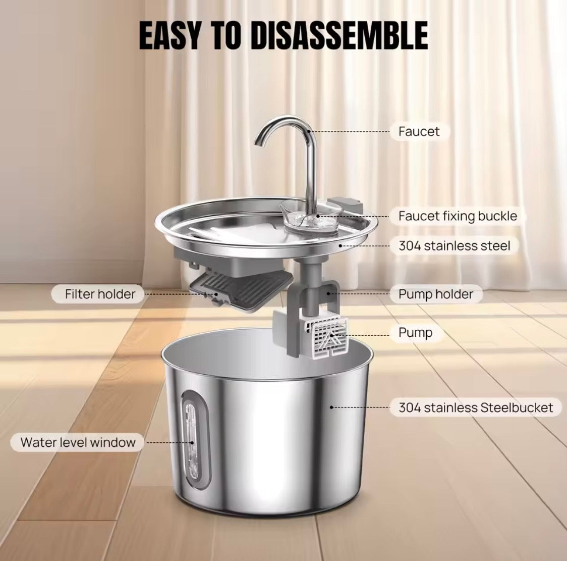 Fontana d'Acqua Automatica per gatti in Acciaio Inossidabile 2.2L